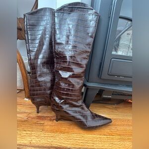 Elegant Brown Crocodile leather Knee-High Boots